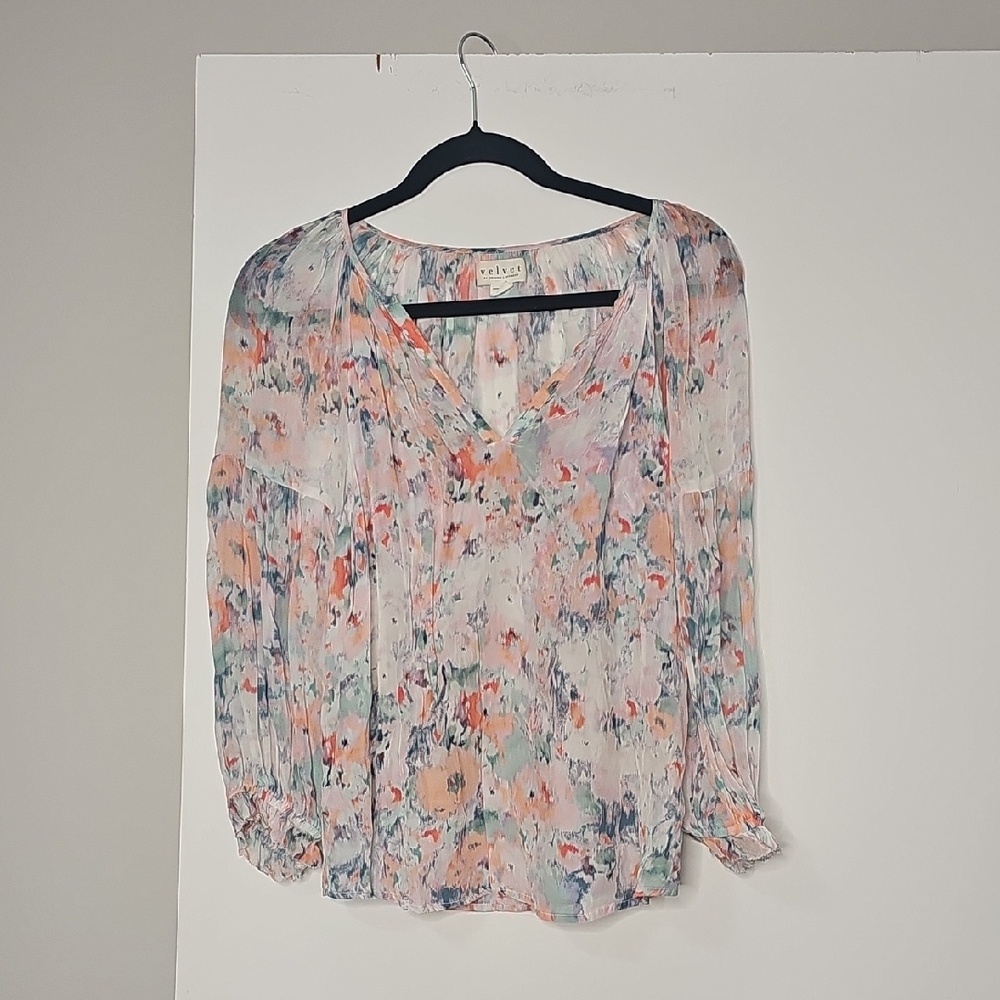 Velvet by Graham & Spencer Floral Watercolor Blouse in Peach, Pink, Blue